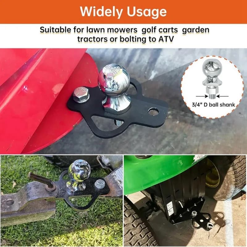 Adaptador de engate de reboque preto instalado em ATV com bola cromada para reboque de cortadores e carrinhos de golfe