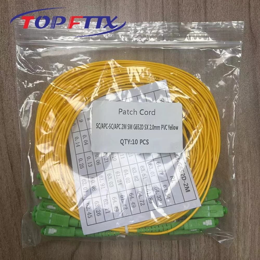 Kit 10 cabos de remendo fibra óptica OS2 SC/APC SC/APC simplex 2m amarelo com conectores verdes