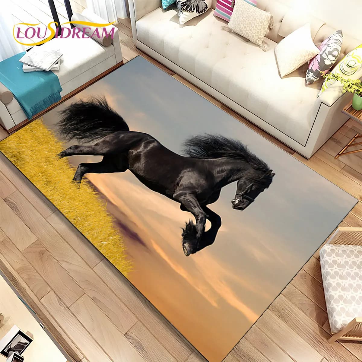 Tapete grande com design 3D de cavalo preto para sala de estar