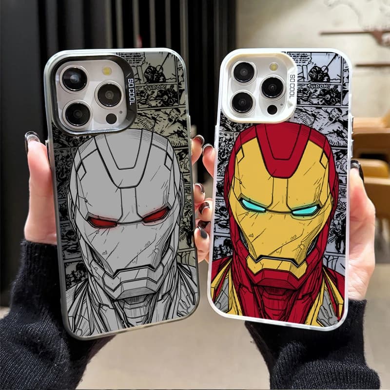 Capa de telefone para iPhone com design do Iron Man, cinza e branco e vermelho e amarelo, com logotipo POCO.