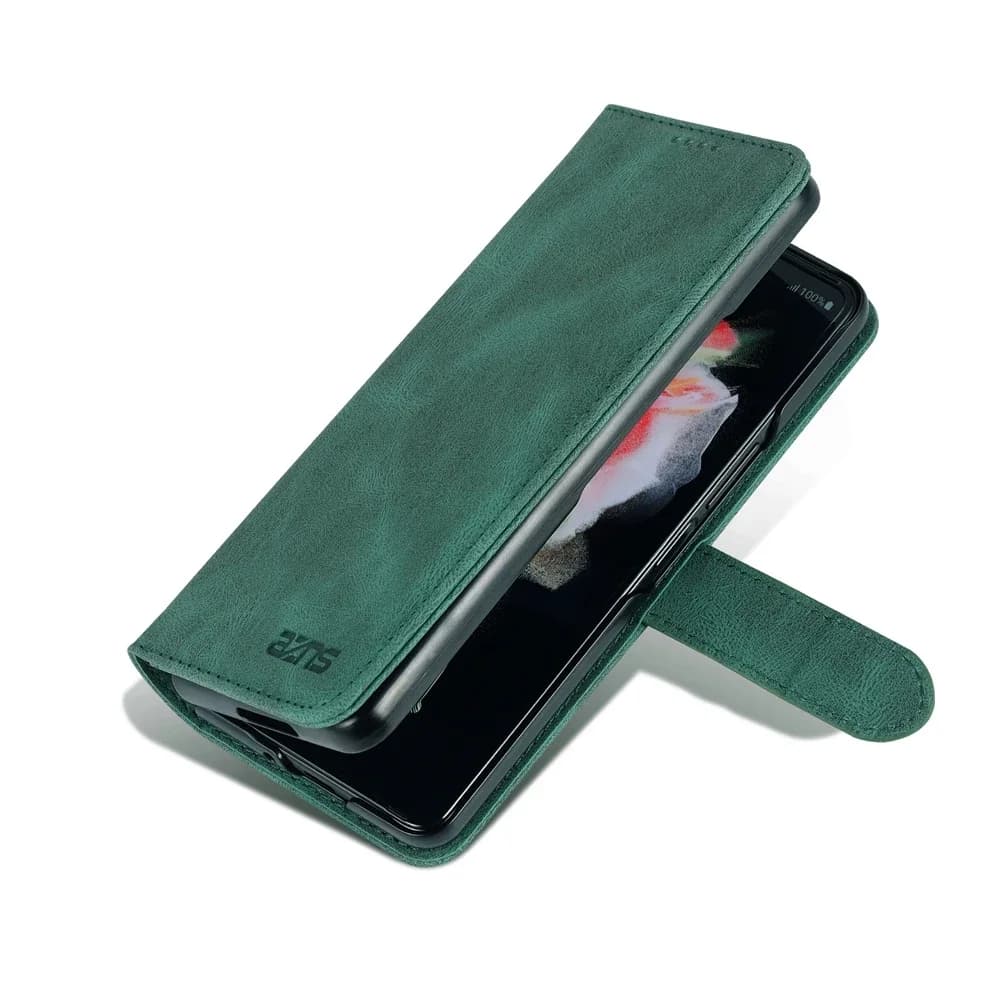 Capa carteira flip verde em couro para Galaxy Z Fold 7 com fecho magnético e suporte