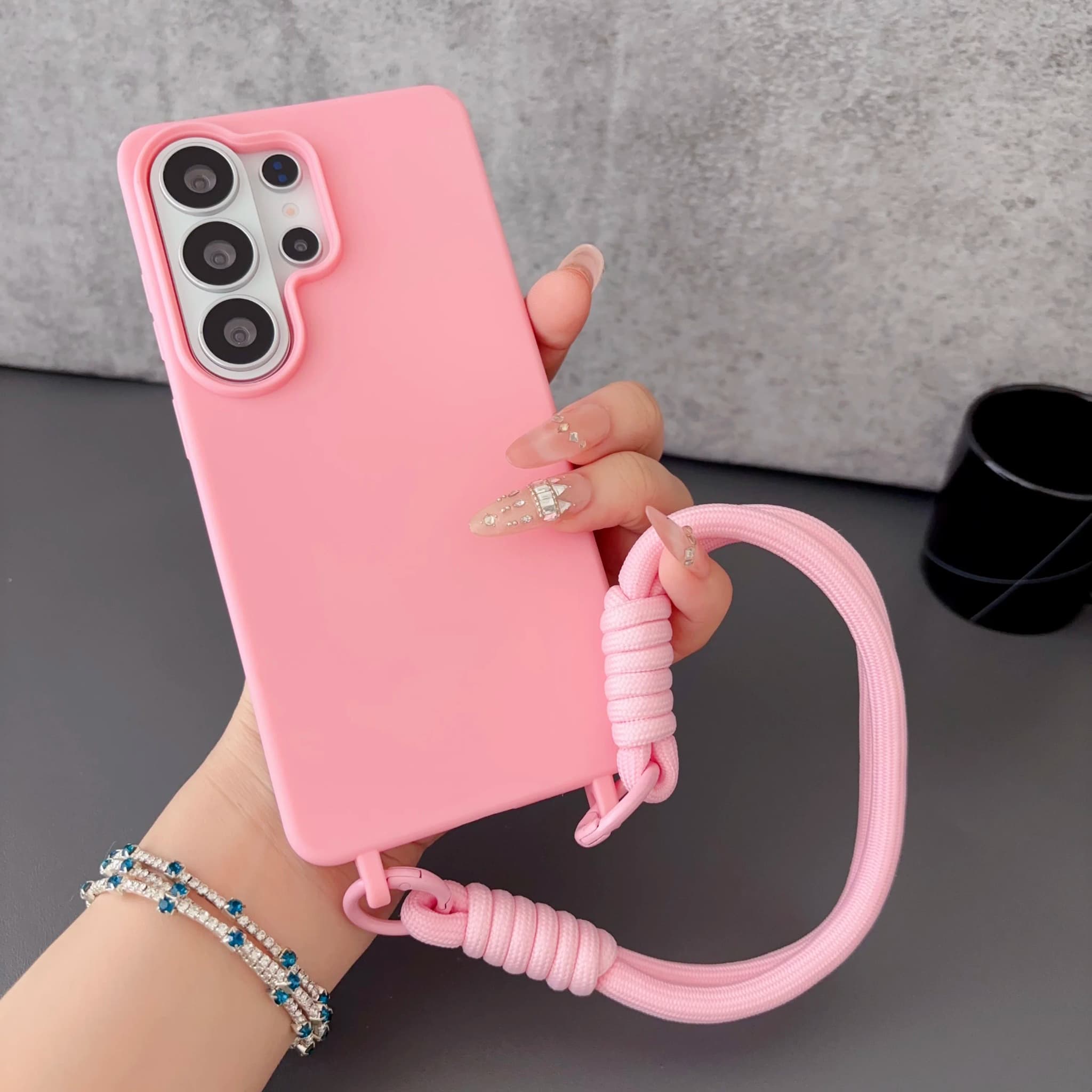 Capa de telefone vermelha com pulseira de silicone para Samsung, ângulo traseiro, alça de mão