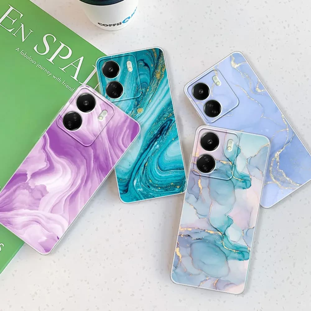 Capas para Xiaomi Poco C65 C55 C51 C50 em silicone flexível com estampas marmorizadas em tons azul, roxo e verde