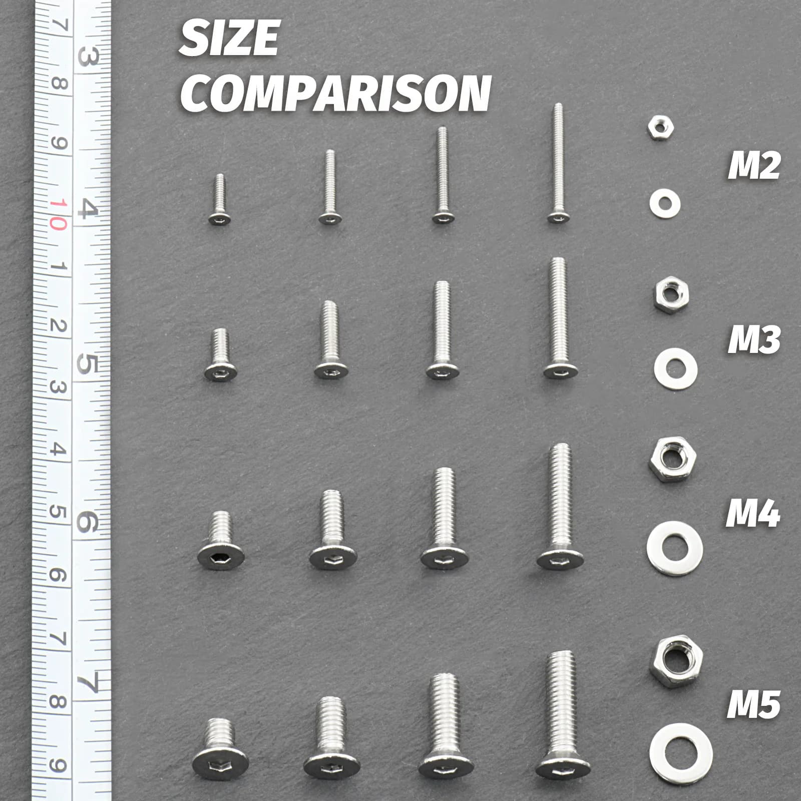 Comparação de tamanhos de parafusos M2, M3, M4, M5 com porcas e arruelas kit aço inox 304