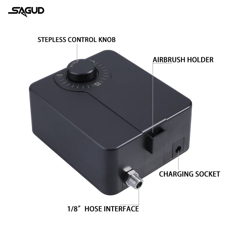 Compressor preto SAGUD com controle contínuo, suporte para aerógrafo e conexão para mangueira 1/8"