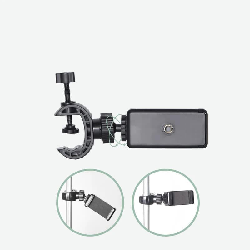 Suporte para celular universal preto com rotação ajustável e fixação em tubo, mostrando ângulos de uso