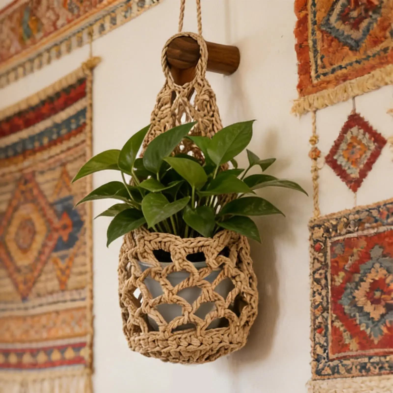 Suporte de macramê para plantas em algodão cor natural com folhagem verde, decoração boho