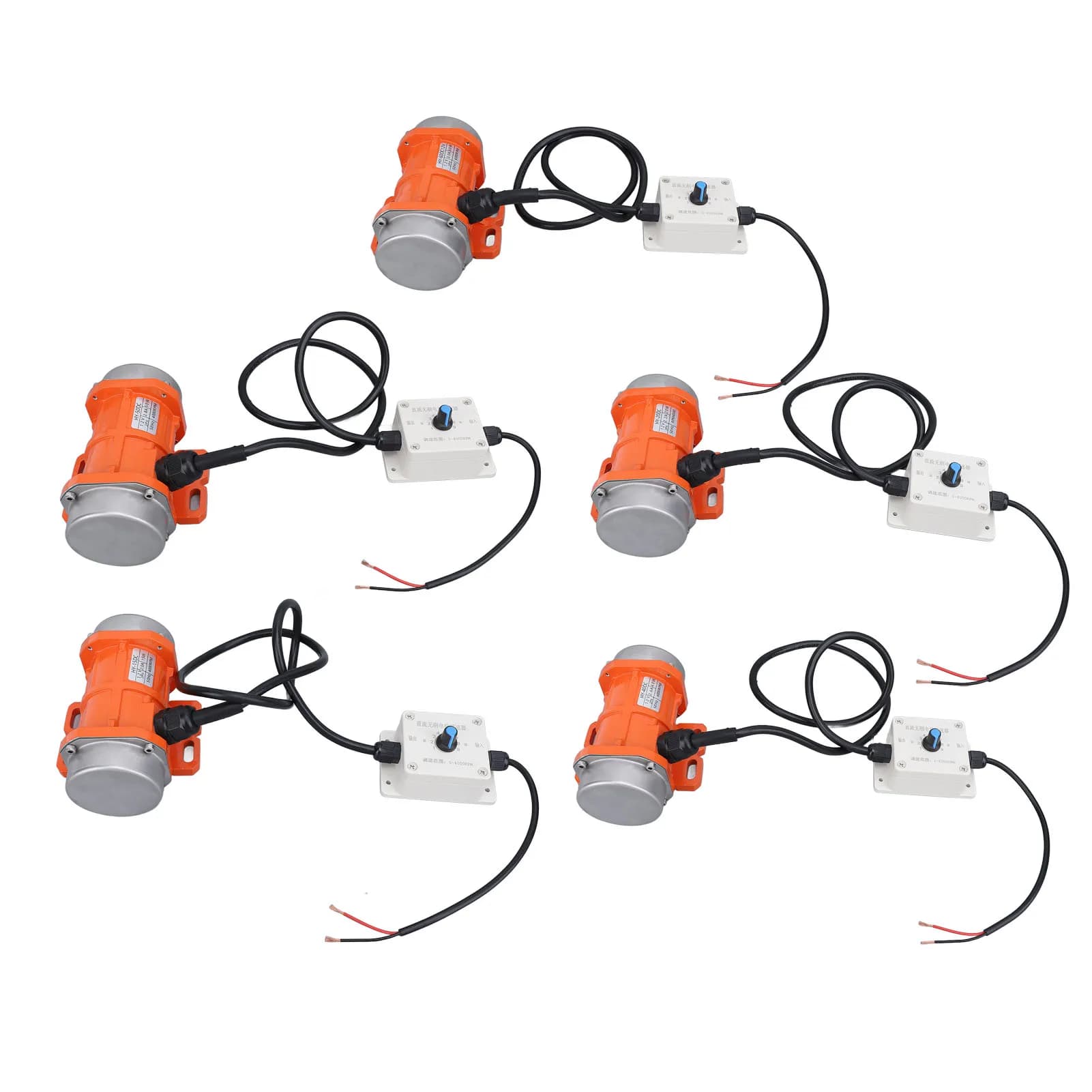 Motor vibratório de concreto brushless laranja e cinza com controlador branco e cabo preto 12V DC