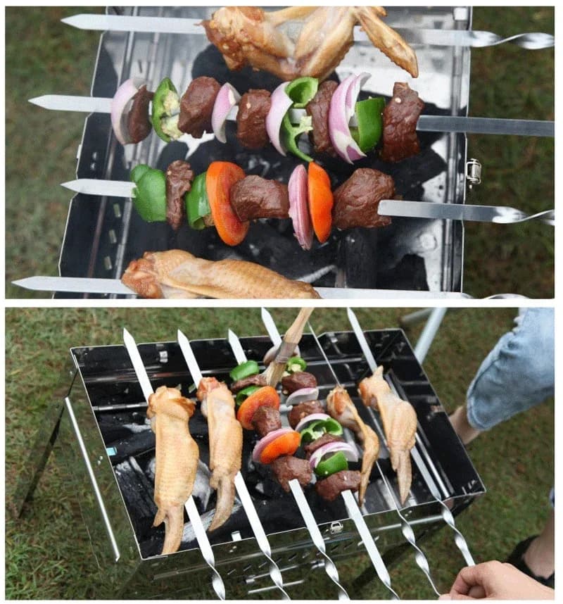 Conjunto de 6 espetos de churrasco em aço inoxidável com cabos de madeira