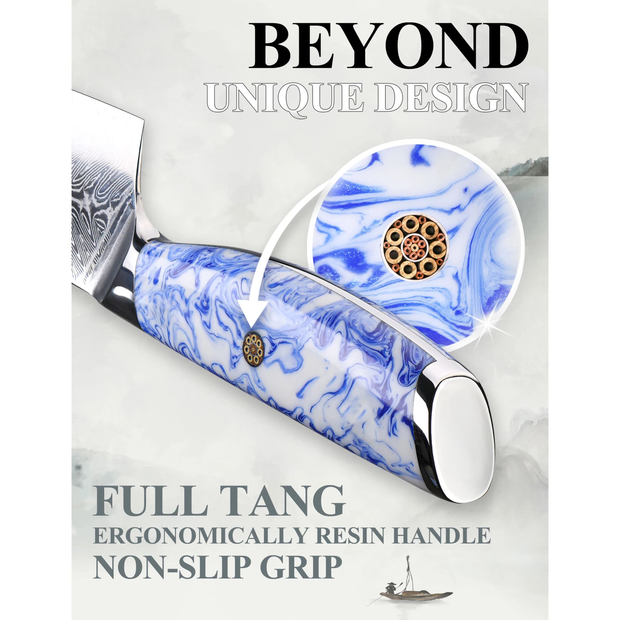 Faca de chef SHANGDAO Kiritsuke com cabo ergonômico em resina azul e branca antiderrapante