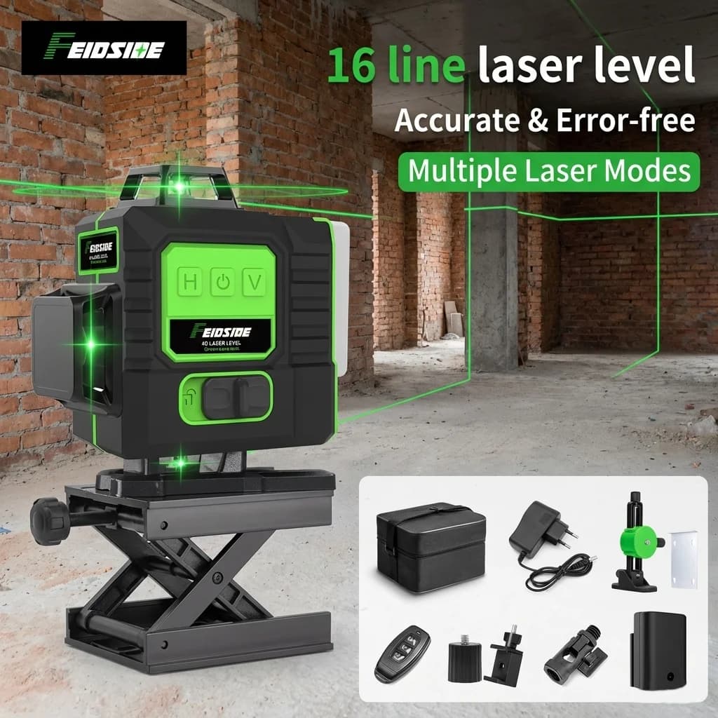 Nível a Laser Verde FEIDSIDE 16/12 Linhas 360° °   Nível a Laser Automático Ultra Brilhante 3D para Todos os Projetos de Construção Internos e Externos