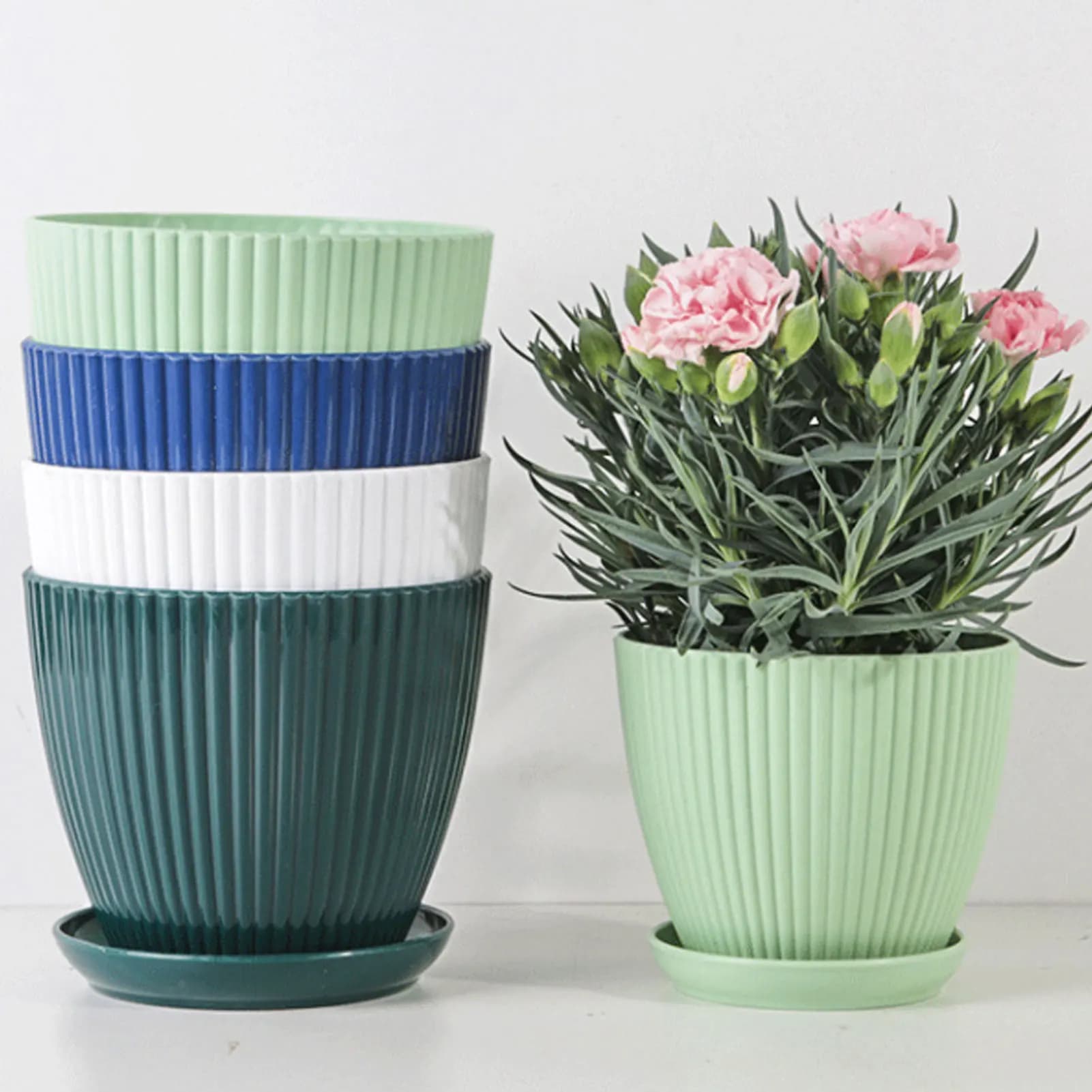 Vaso de flores de plástico, vaso de plantas suculentas com bandeja, endro verde, redondo, camada dupla, pequeno vaso de flores, decoração de mesa para escritório e casa