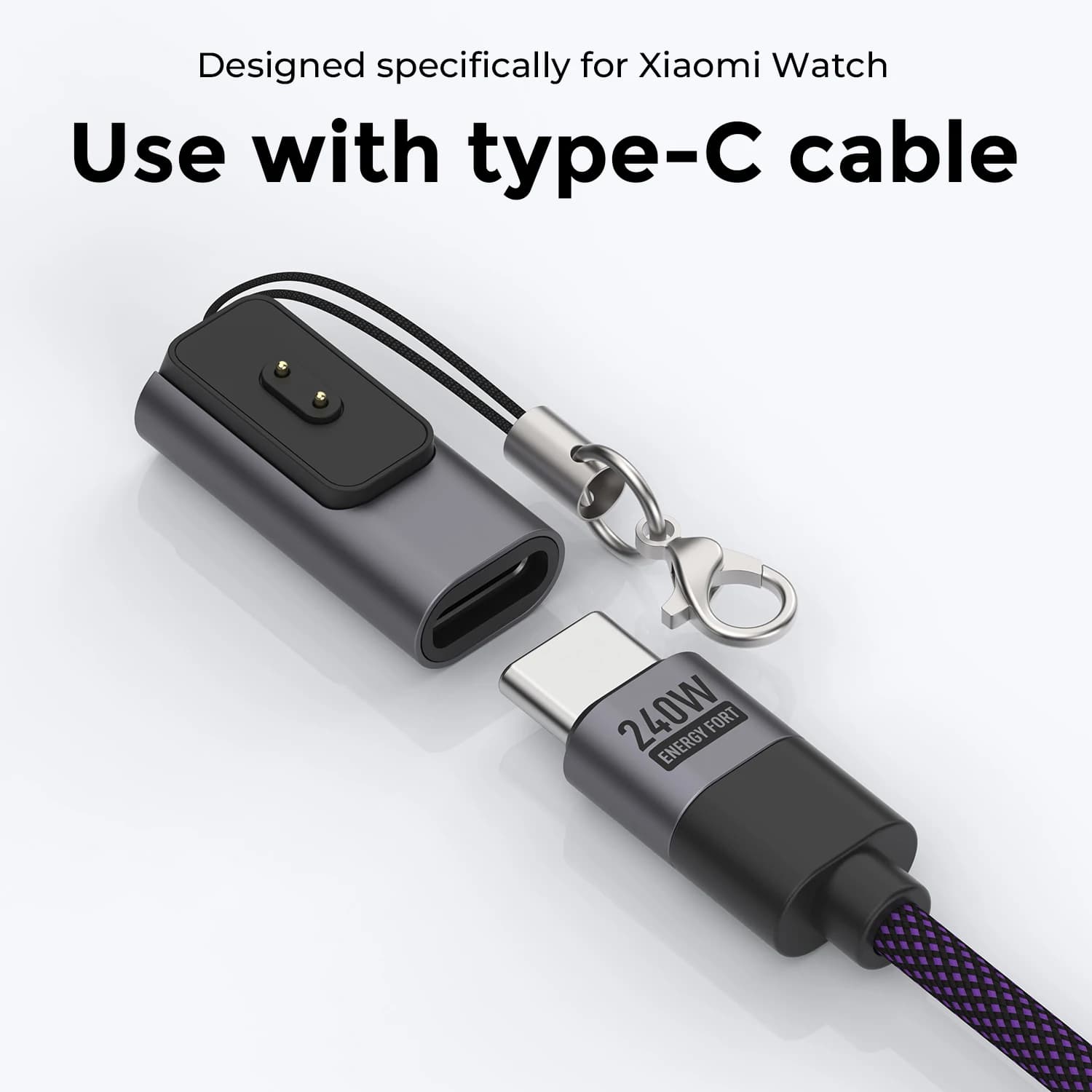 Cabo carregador preto para smartwatch Xiaomi Band 10 com conector USB-C e design compacto