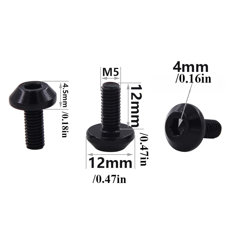 Parafuso M5 preto para suporte de garrafa de bicicleta, alumínio, 12mm comprimento, 4,5mm altura cabeça