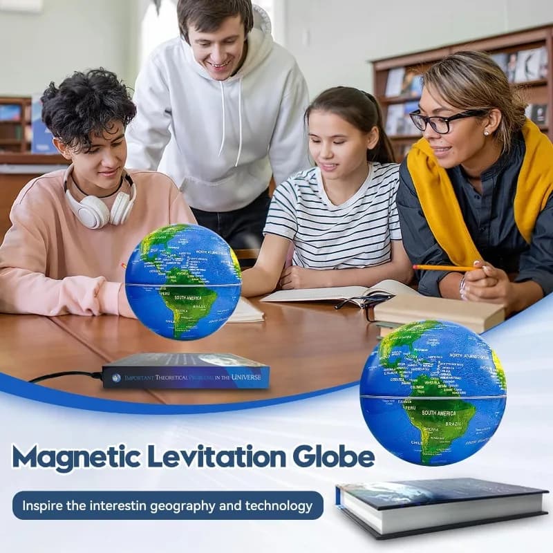 Globo terrestre decorativo magnético flutuante com luzes LED multicoloridas em mesa de estudo com jovens