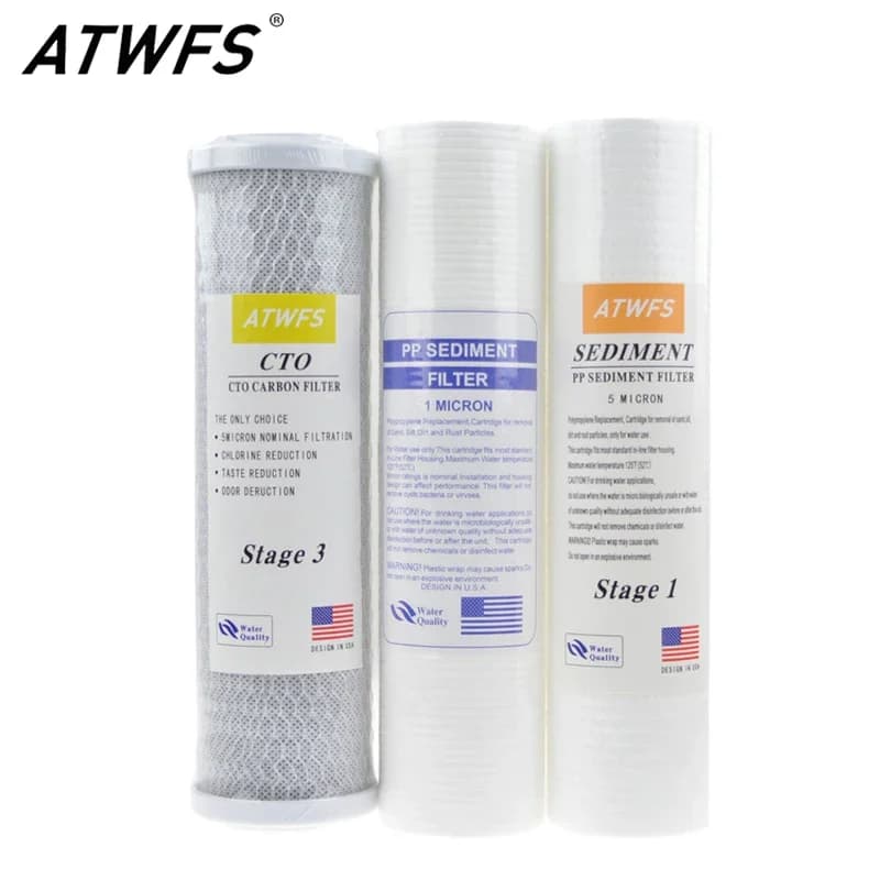 Filtro purificador de água ATWFS de 10 polegadas Filtro de algodão PP de 5 mícrons + Filtro PP de 1 mícron + Cartucho de filtro de carvão ativado