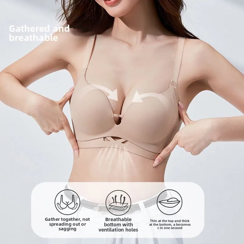 Sutiã bege push-up com design respirável e ventilação, realçando o decote e conforto para seios pequenos