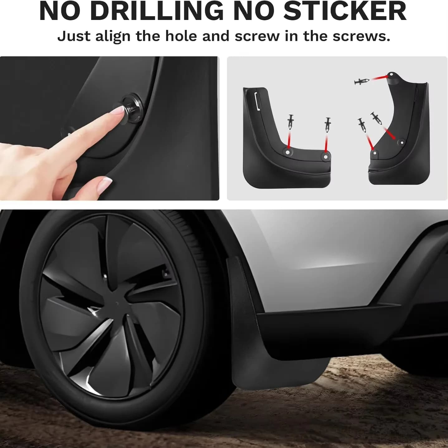 Protetor para-lama Tesla Model Y 2025 sem necessidade de furar ou usar adesivos, fixação por parafusos originais