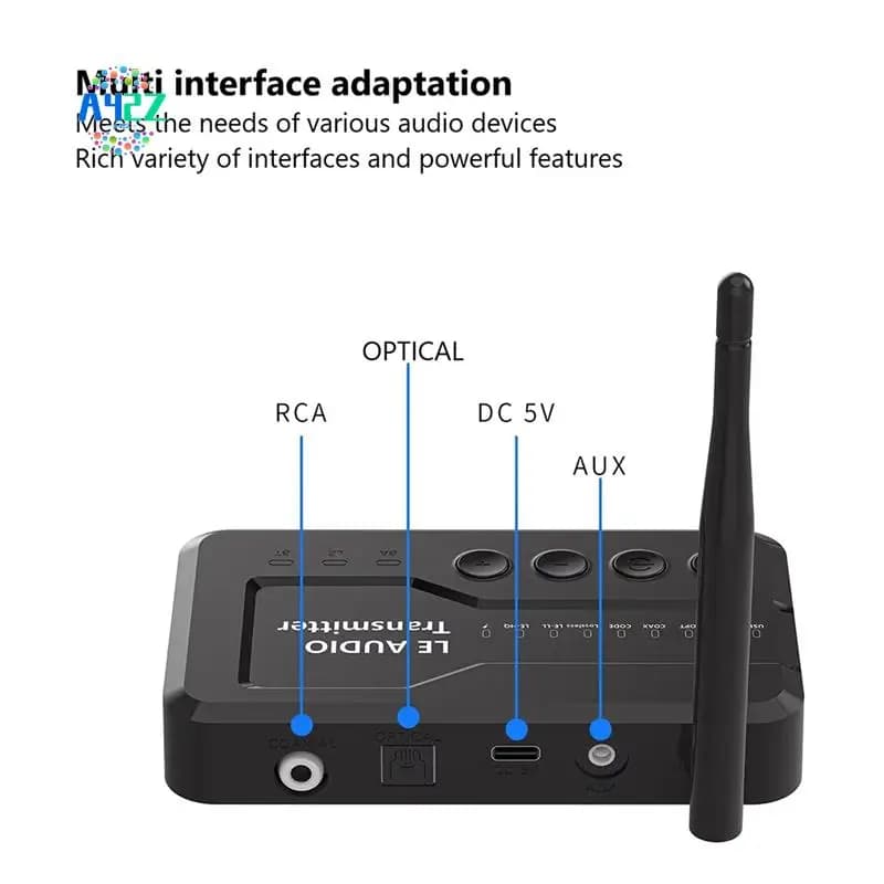 Adaptador de áudio Bluetooth 5.3 com múltiplas interfaces RCA, AUX, DC 5V e OPTICAL