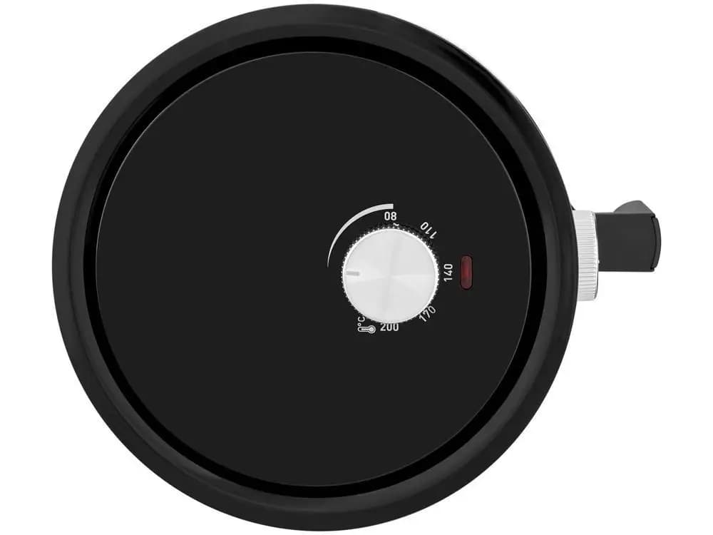 Vista superior da fritadeira Arno Air Fryer compacta preta com botão de ajuste de temperatura