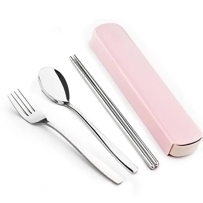 Conjunto de talheres portátil aço inox 4 peças com garfo, colher, hashis e estojo rosa
