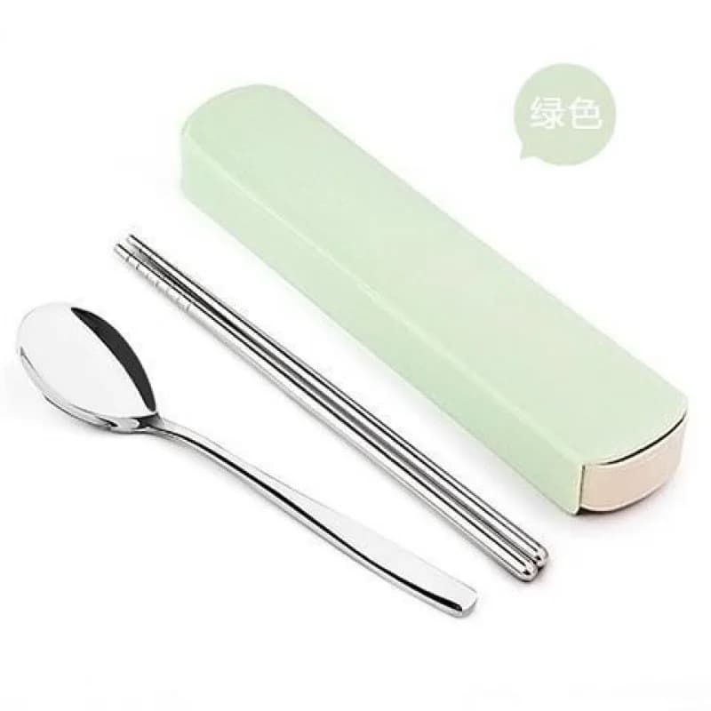 Conjunto de talheres portátil aço inox 4 peças com colher, hashis e estojo verde claro