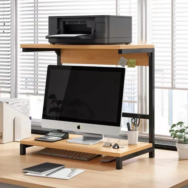 Suporte de mesa para escritório com estante superior para impressora e estante inferior para monitor Apple, teclado e outros acessórios de escritório.