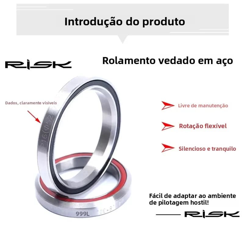 Rolamento vedado em aço para headset RISK, com dados visíveis e características de manutenção livre
