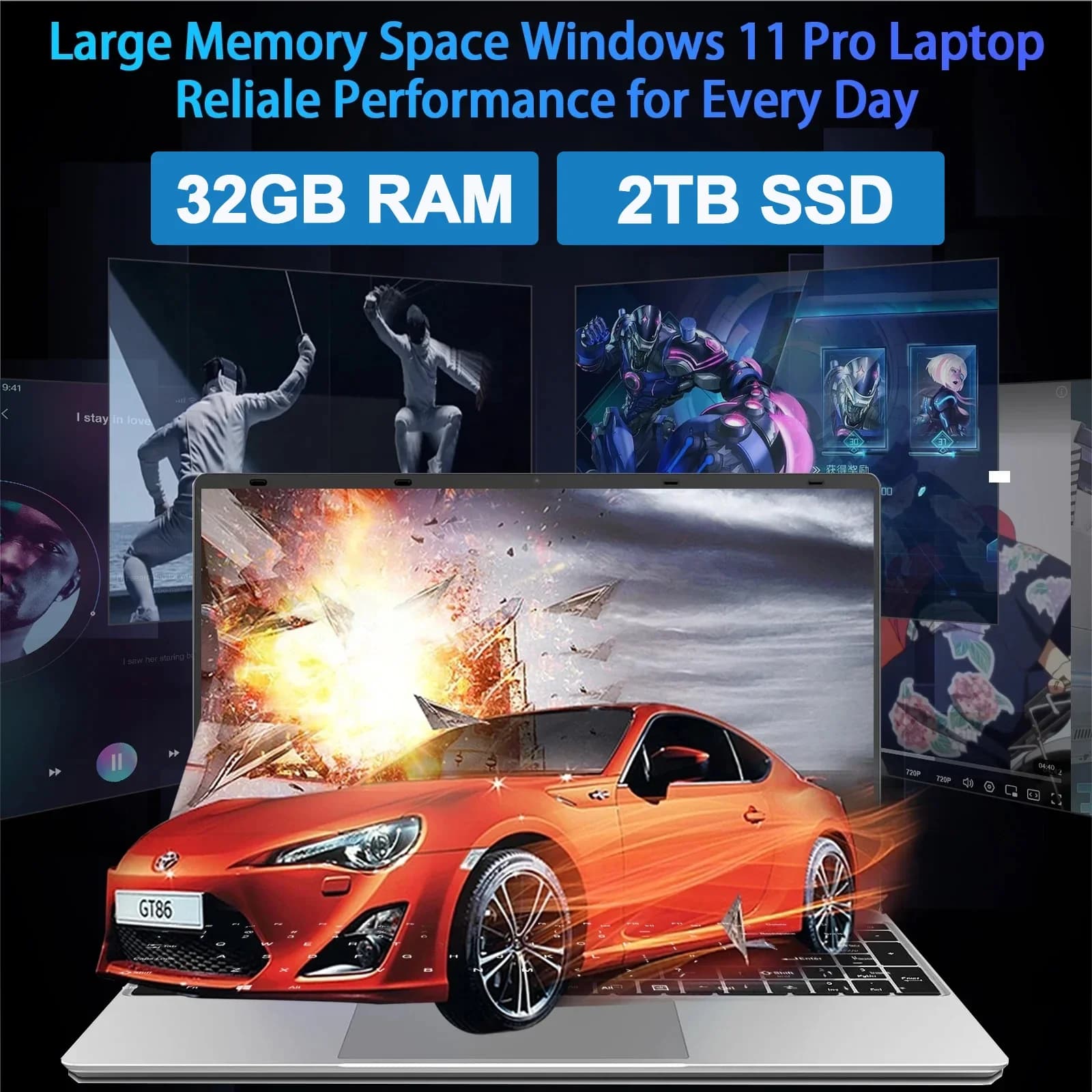 Notebook de 15,6 Polegadas com Tela Grande, 32GB de RAM, 2TB SSD, Intel 6500Y, Windows 11, Office, PC para Jogos com Bateria de 5000mAh e Teclado Retroiluminado com Leitor de Impressão Digital