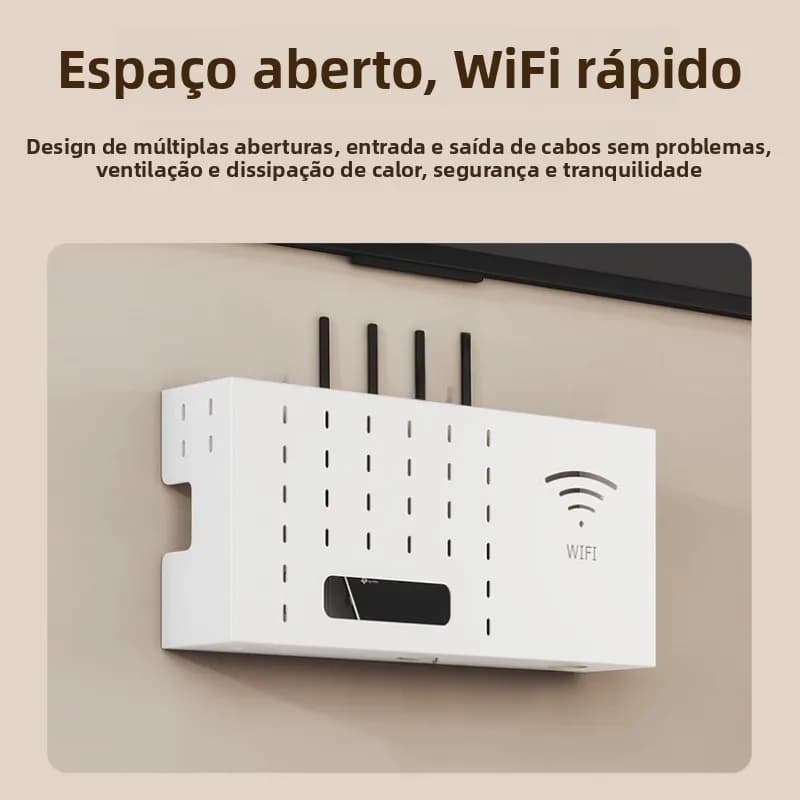 Suporte de parede minimalista branco com múltiplas aberturas para ventilação e passagem de cabos para roteador WiFi