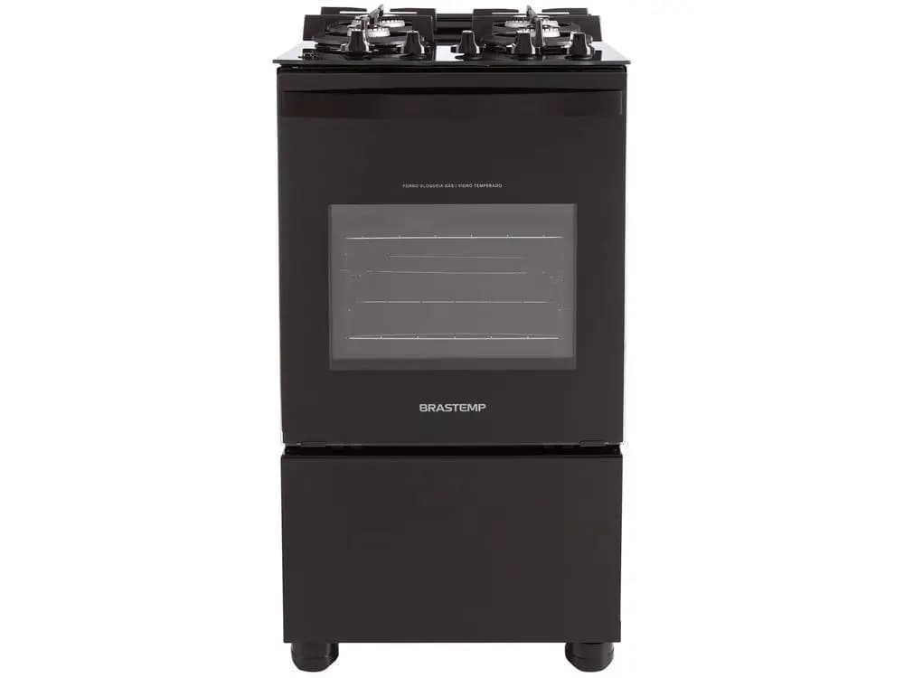 Fogão 4 bocas Brastemp preto com mesa de vidro, forno e queimadores, marca Brastemp visível.