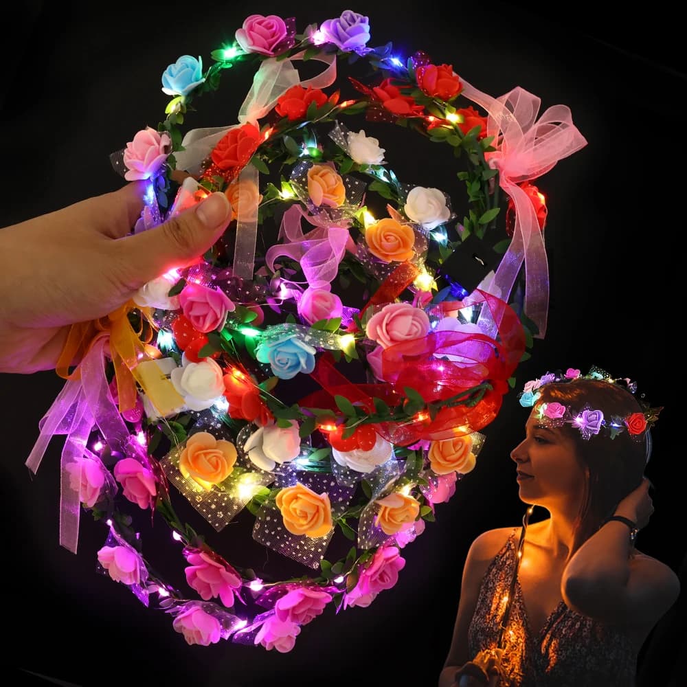 Guirlanda LED multicolorida com flores e fitas para festas