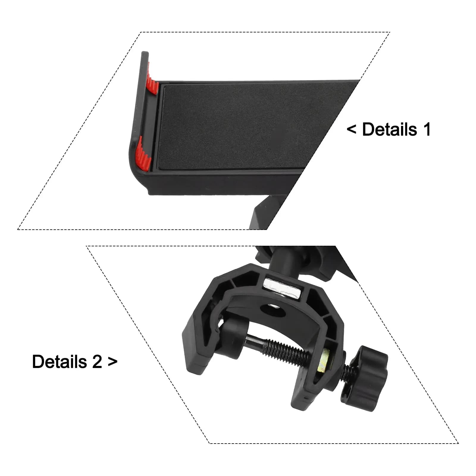 Detalhes do suporte do tripé para celular e tablet com acabamento em preto e vermelho, ajuste de fixação por parafuso