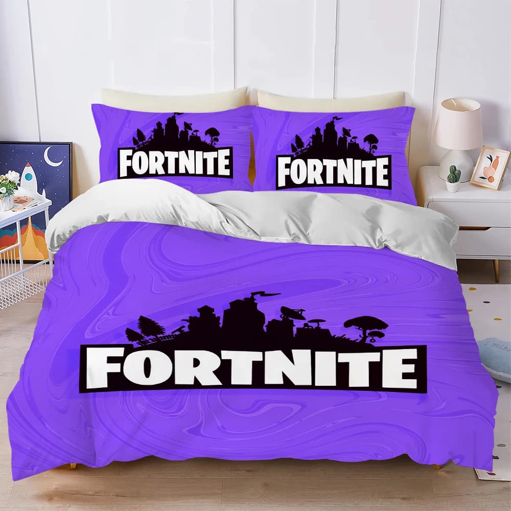 Capa de edredom Fortnite roxa com logo branco e preto, conjunto macio 3 peças para cama