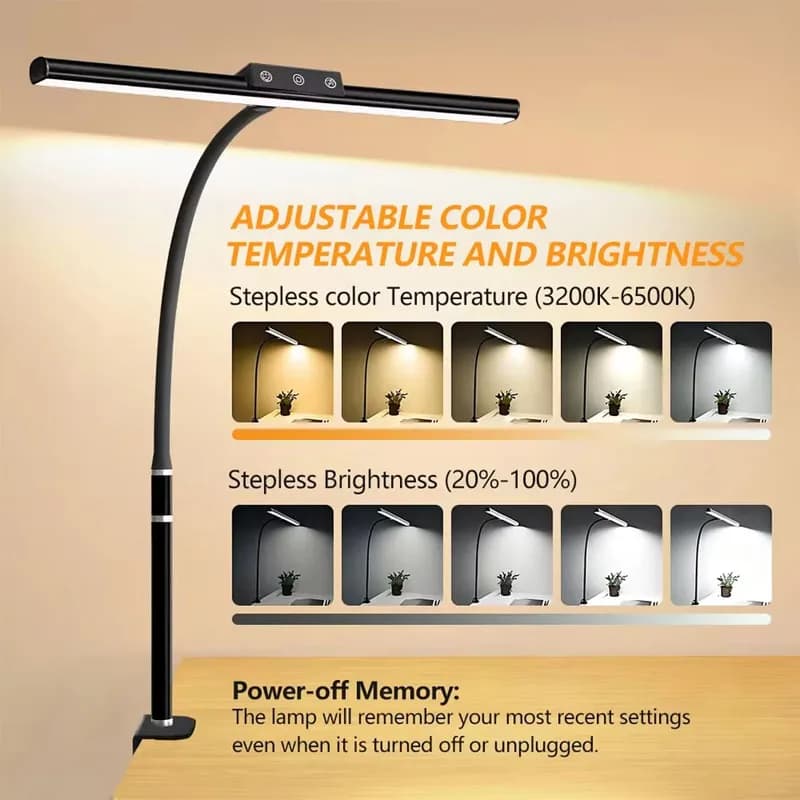 Luminária de mesa LED com clip, design flexível, haste gooseneck, ajuste de temperatura, brilho regulável e controle por toque