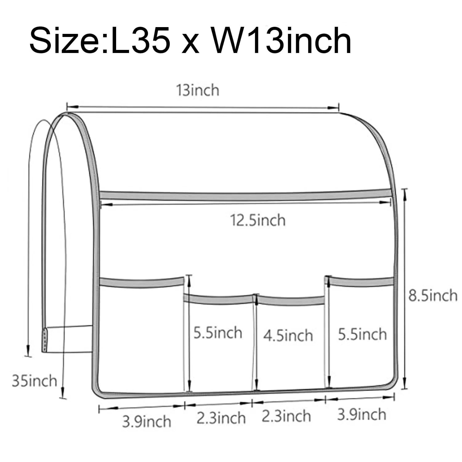 Diagrama com medidas do organizador de sofá preto com 5 bolsos em tecido, 35x13 polegadas