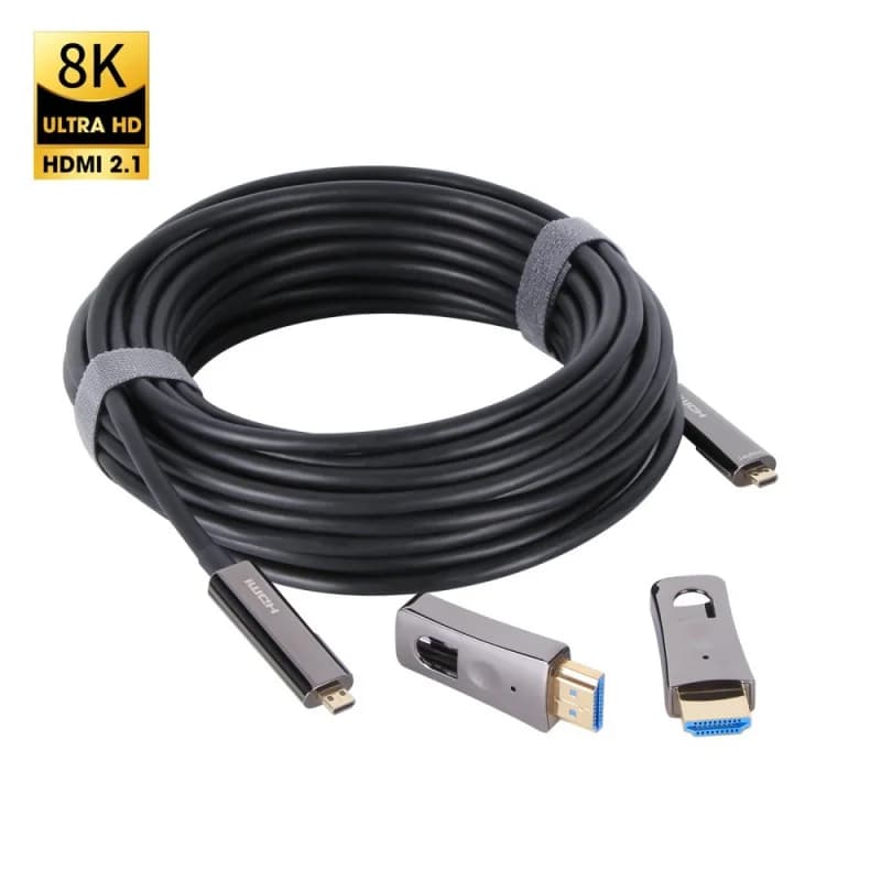 Cabo de fibra óptica HDMI 2.1 preto com conectores HDMI e USB-C