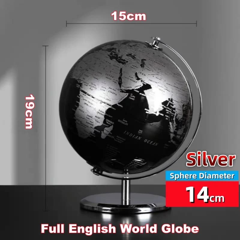 Globo terrestre decorativo luxo prata com diâmetro 14cm e base metálica para casa