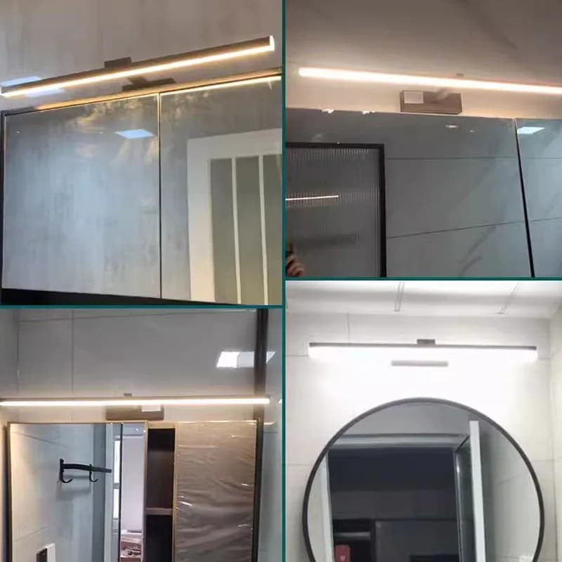 Lâmpada de parede LED preta com iluminação branca em diferentes banheiros com espelhos variados
