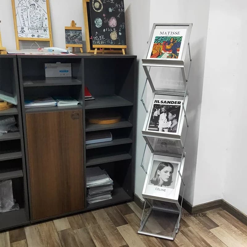 Estante de liga de alumínio A4 para revistas dobráveis, design retrô, escritório
