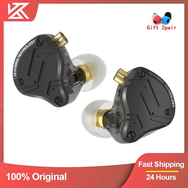Fone de ouvido in-ear KZ ZS10 Pro X, design metálico e preto, tecnologia híbrida, cancelamento de ruído, fones de alta fidelidade.