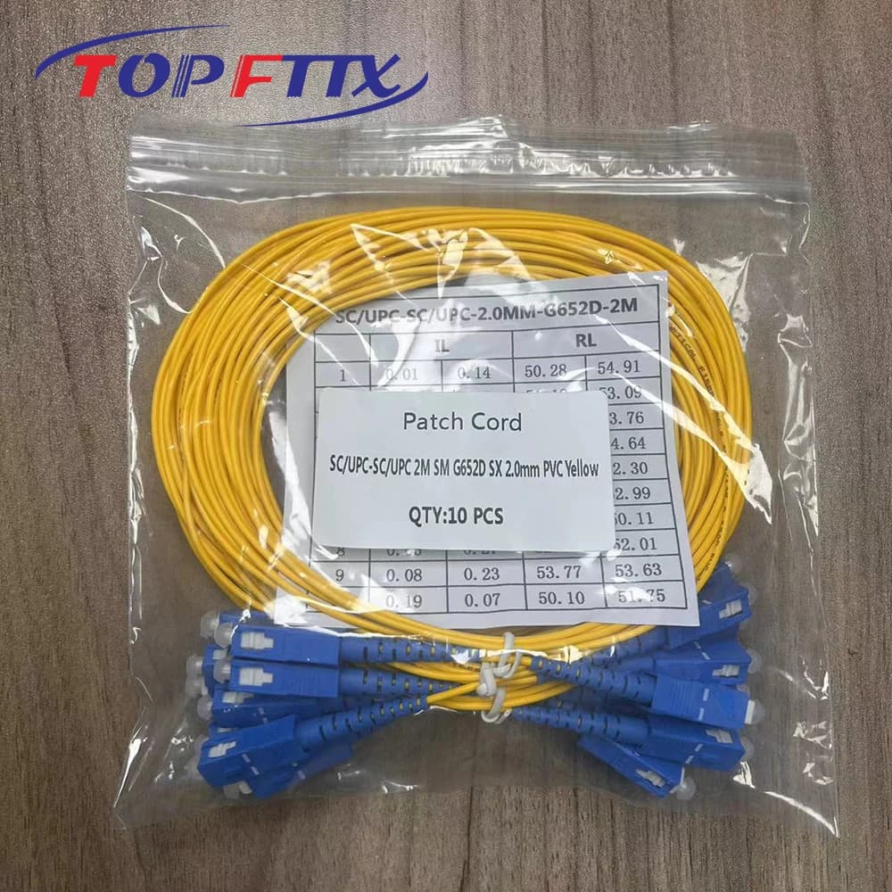 Kit 10 cabos de remendo fibra óptica OS2 SC/UPC UPC simplex 2m amarelo com conectores azuis