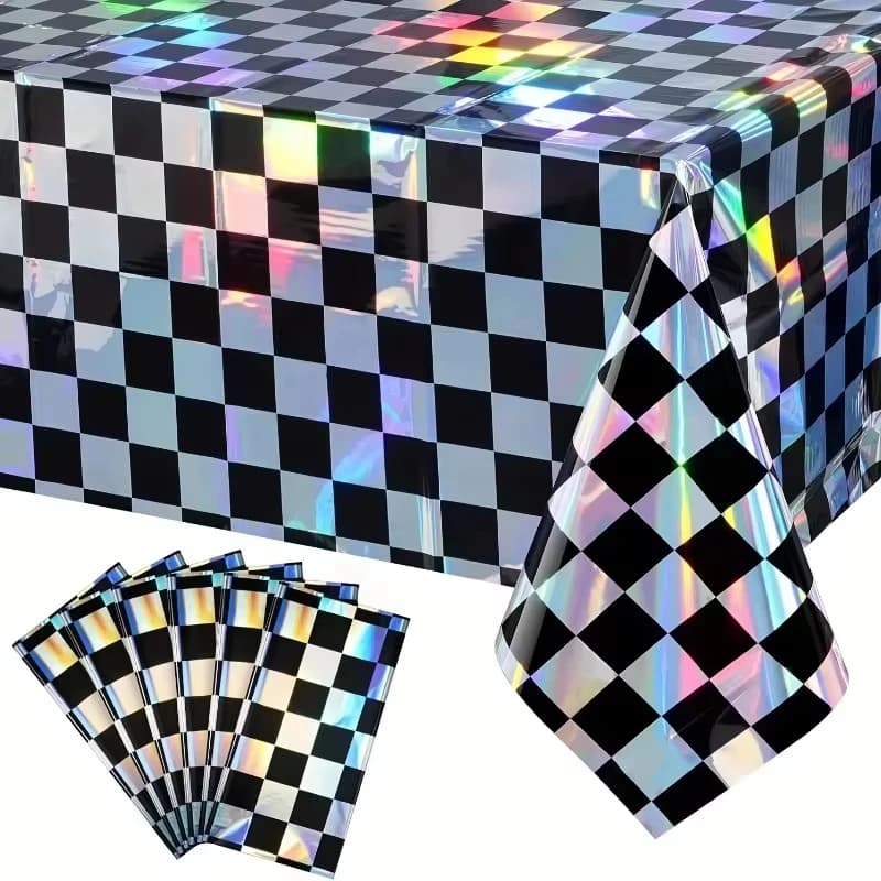 Toalha de mesa preta e holográfica quadriculada com brilho para decoração de festa