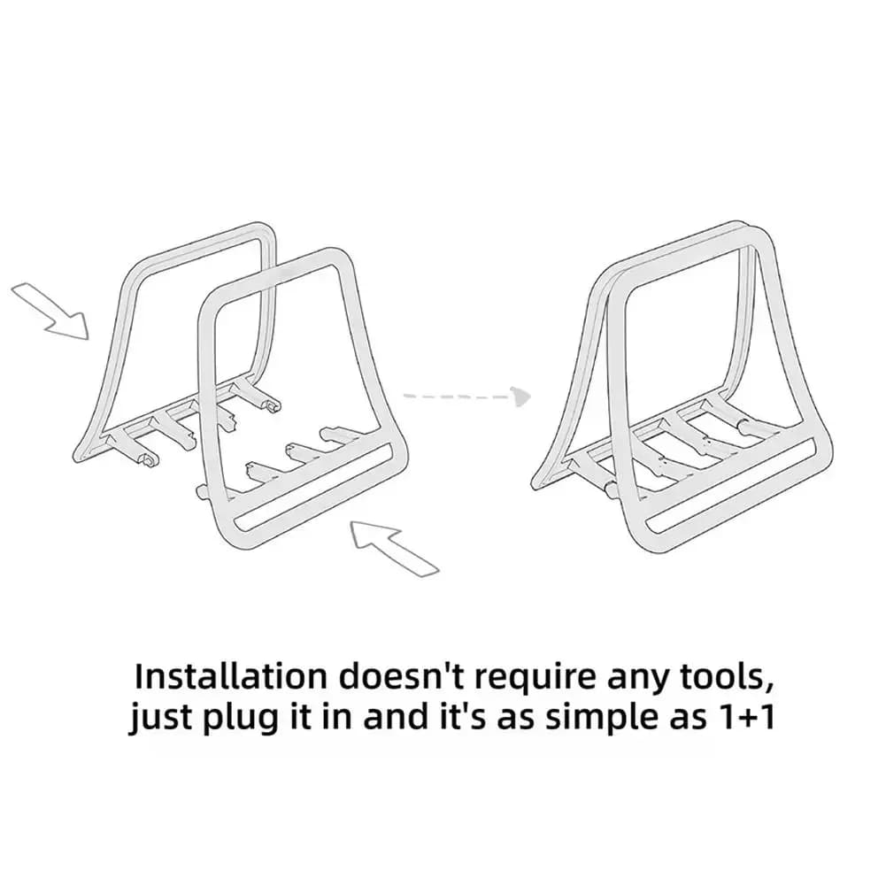 Ilustração montagem simples do suporte vertical para laptop destacável sem necessidade de ferramentas