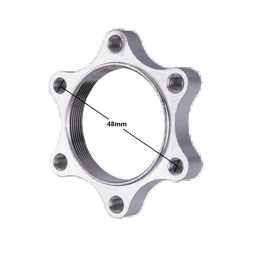 Adaptador flange prata metálico para rotor de freio a disco bicicleta com 6 parafusos e cubo rosqueado 48mm