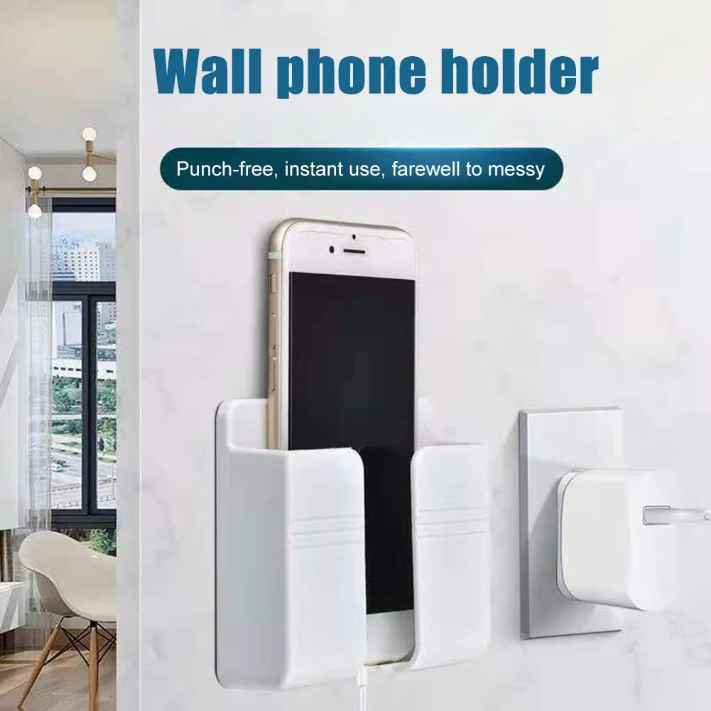 Suporte de parede para celular branco com carregador conectado