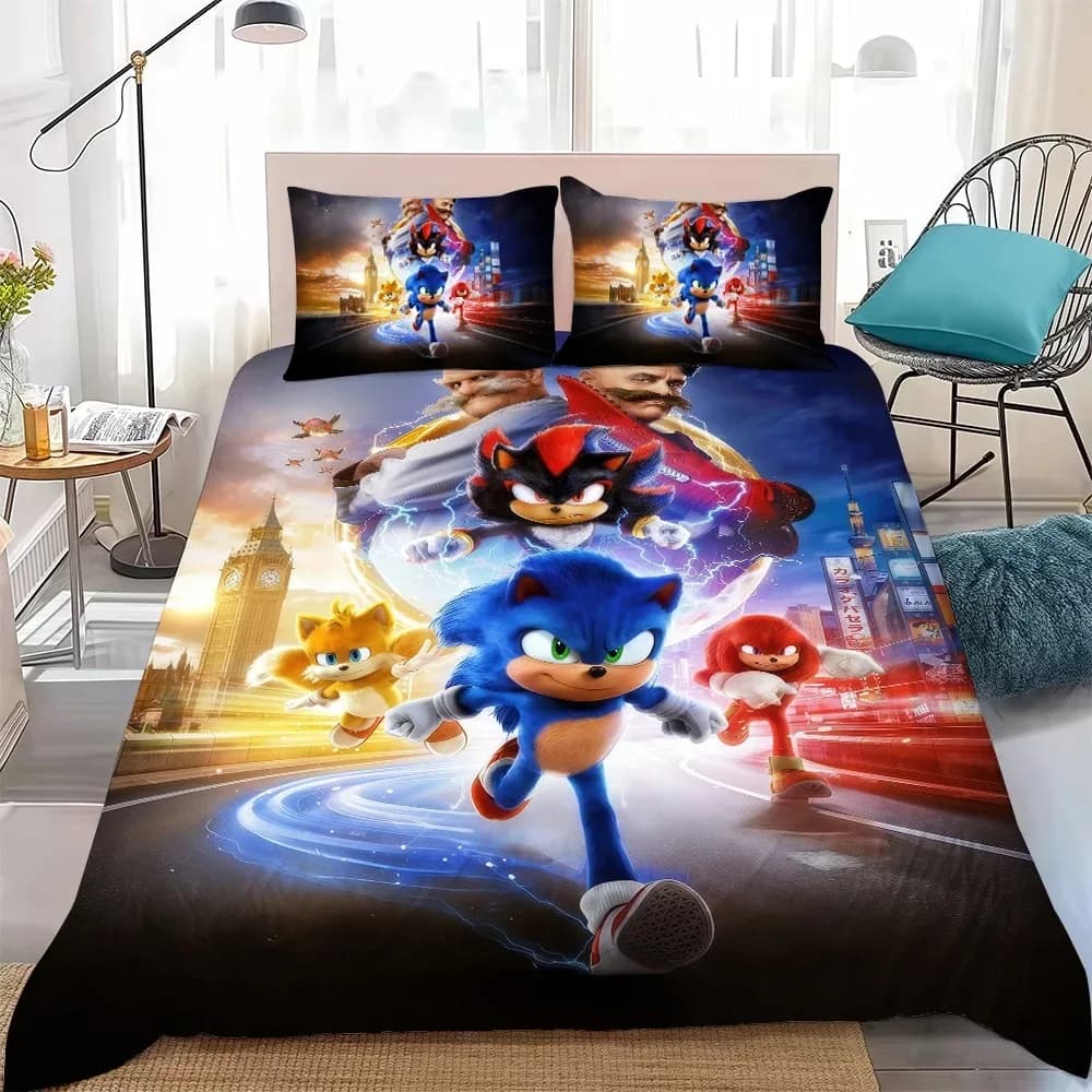 Conjunto de capa de edredom com estampa de Sonic e personagens, fundo preto com detalhes coloridos.