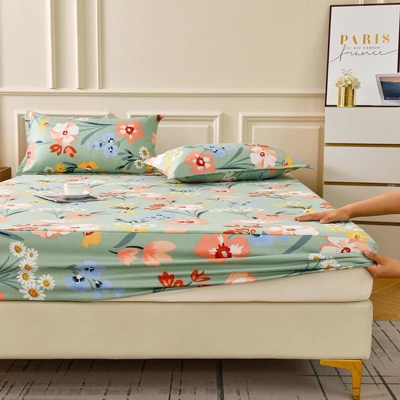 Jogo de lençol floral verde com estampa de flores multicoloridas, elástico, para cama.