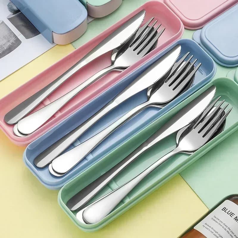 Conjunto de Talheres Portátil em Aço Inoxidável com Caixa de Armazenamento, Garfo, Colher, Faca, Utensílios de Viagem para Camping