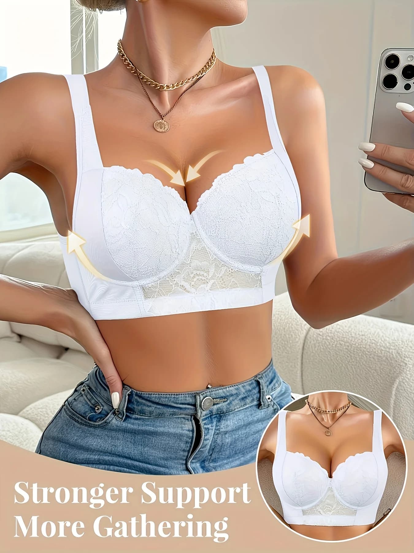 Sutiã branco de renda com suporte reforçado e efeito de sustentação para melhor modelagem e conforto